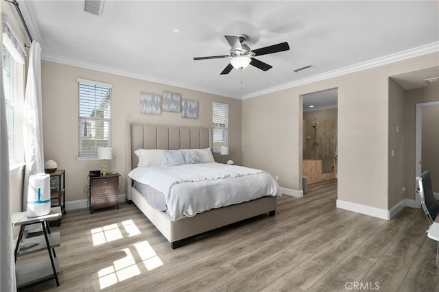 14215 Rolling Stream Pl, Eastvale, CA 92880 - bedroom featuring baseboards, light wood-type flooring, ornamental molding, ensuite bath, and ceiling fan