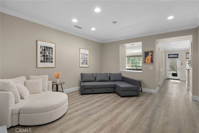 14215 Rolling Stream Pl, Eastvale, CA 92880 - living room with baseboards, light wood-type flooring, ornamental molding, and recessed lighting