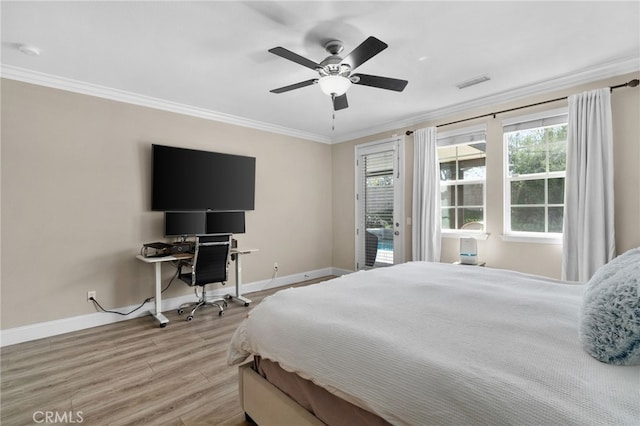 14215 Rolling Stream Pl, Eastvale, CA 92880 - bedroom featuring baseboards, ornamental molding, wood finished floors, a ceiling fan, and access to exterior