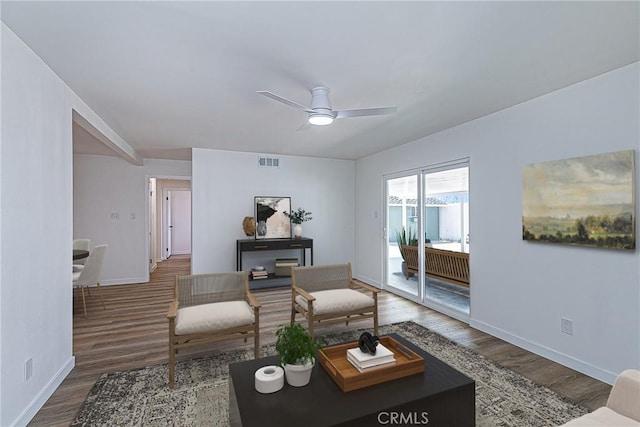 654 Carina Dr, Lompoc, CA 93436 - living area with wood finished floors, baseboards, and a ceiling fan
