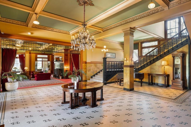 99 S Raymond Ave Unit 409, Pasadena, CA 91105 - common area with stairs, crown molding, coffered ceiling, and a wainscoted wall