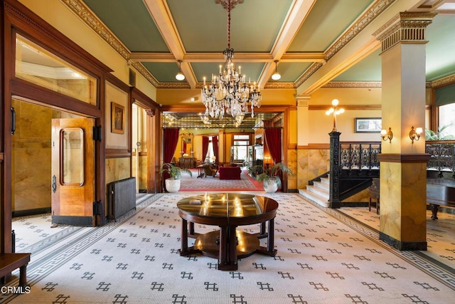 99 S Raymond Ave Unit 409, Pasadena, CA 91105 - building lobby featuring ornamental molding, wainscoting, coffered ceiling, and stairway