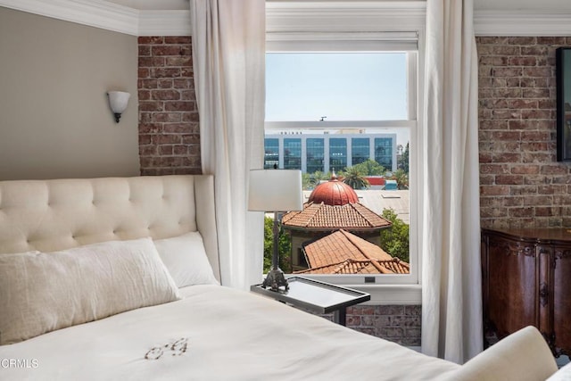 99 S Raymond Ave Unit 409, Pasadena, CA 91105 - bedroom featuring multiple windows, crown molding, and brick wall
