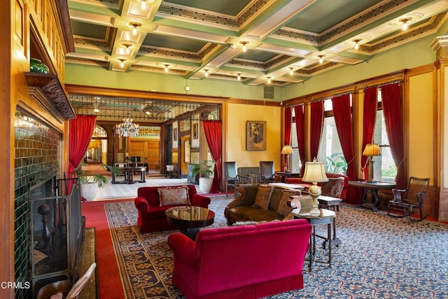 99 S Raymond Ave Unit 409, Pasadena, CA 91105 - community lobby with coffered ceiling, beam ceiling, and ornamental molding