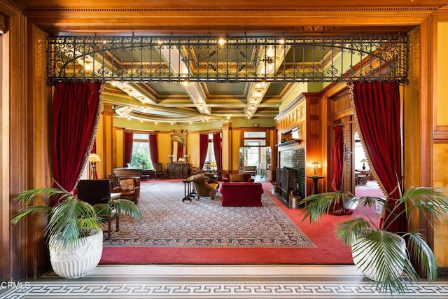 99 S Raymond Ave Unit 409, Pasadena, CA 91105 - common area featuring ornamental molding, coffered ceiling, and beamed ceiling