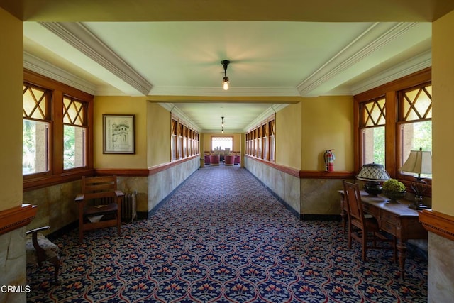99 S Raymond Ave Unit 409, Pasadena, CA 91105 - corridor featuring plenty of natural light, crown molding, wainscoting, a chandelier, and carpet floors