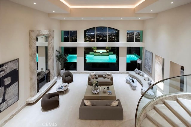 sunken living room with recessed lighting