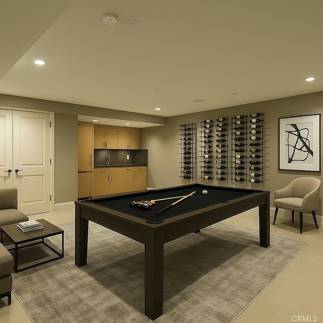 rec room featuring recessed lighting, billiards, baseboards, and a sink