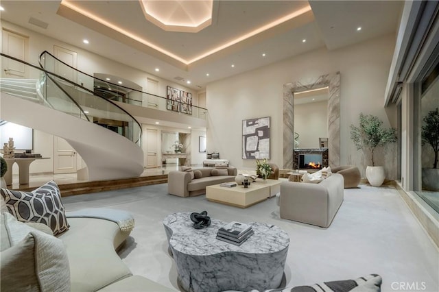 building lobby with a high ceiling and recessed lighting