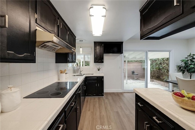 18017 Glenburn Ave, Torrance, CA 90504 - kitchen with under cabinet range hood, tile counters, black electric cooktop, and backsplash