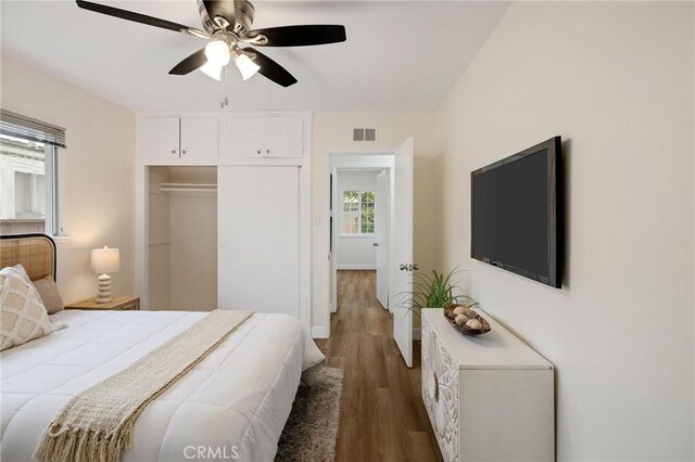 18017 Glenburn Ave, Torrance, CA 90504 - bedroom featuring dark wood finished floors, a closet, ceiling fan, and baseboards