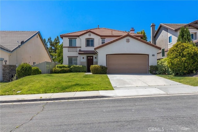 42631 Hussar Ct, Temecula, CA 92592 - mediterranean / spanish home featuring stucco siding, a chimney, an attached garage, driveway, and a tiled roof