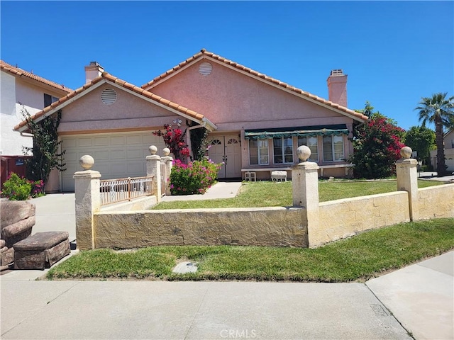 40132 Zamura Ct, Murrieta, CA 92562 - view of front of house featuring a chimney, a fenced front yard, a garage, stucco siding, and a tile roof