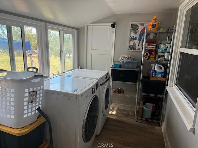 26261 Melba Ave, Homeland, CA 92548 - clothes washing area featuring independent washer and dryer and dark wood-style floors