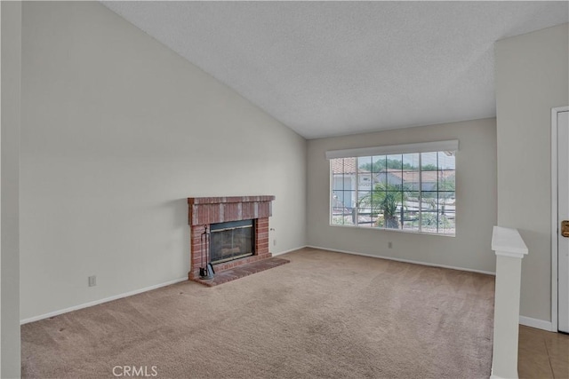 29331 Mawr Ct, Menifee, CA 92586 - unfurnished living room featuring carpet flooring, a brick fireplace, baseboards, a textured ceiling, and lofted ceiling