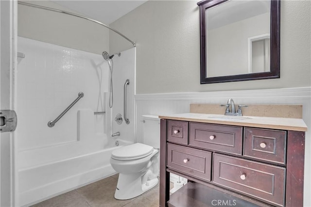 29331 Mawr Ct, Menifee, CA 92586 - bathroom with wainscoting, tile patterned flooring, tub / shower combination, vanity, and toilet