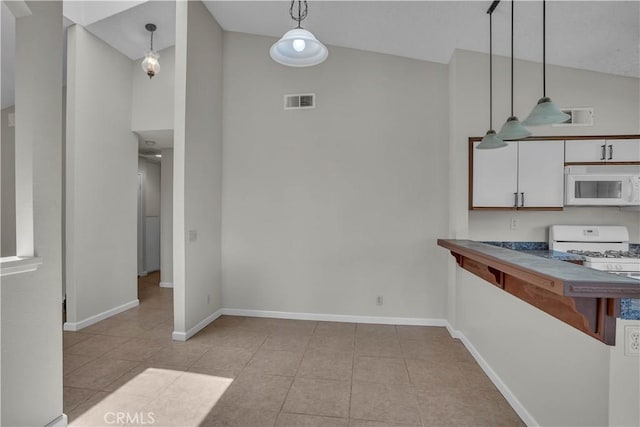 29331 Mawr Ct, Menifee, CA 92586 - kitchen featuring white appliances, high vaulted ceiling, light tile patterned floors, baseboards, and white cabinetry