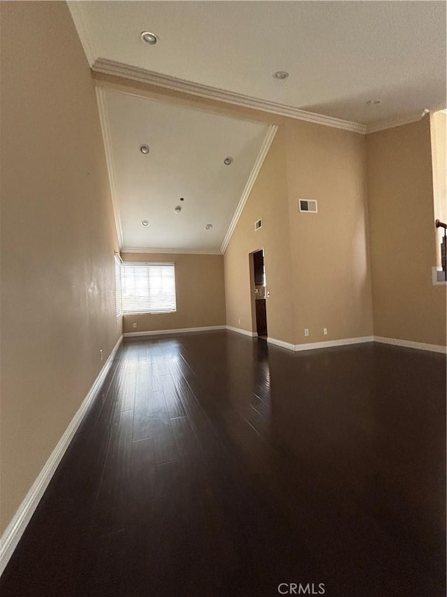 17092 Whispering Brook Way, Riverside, CA 92503 - spare room featuring dark wood-type flooring, ornamental molding, baseboards, lofted ceiling, and recessed lighting