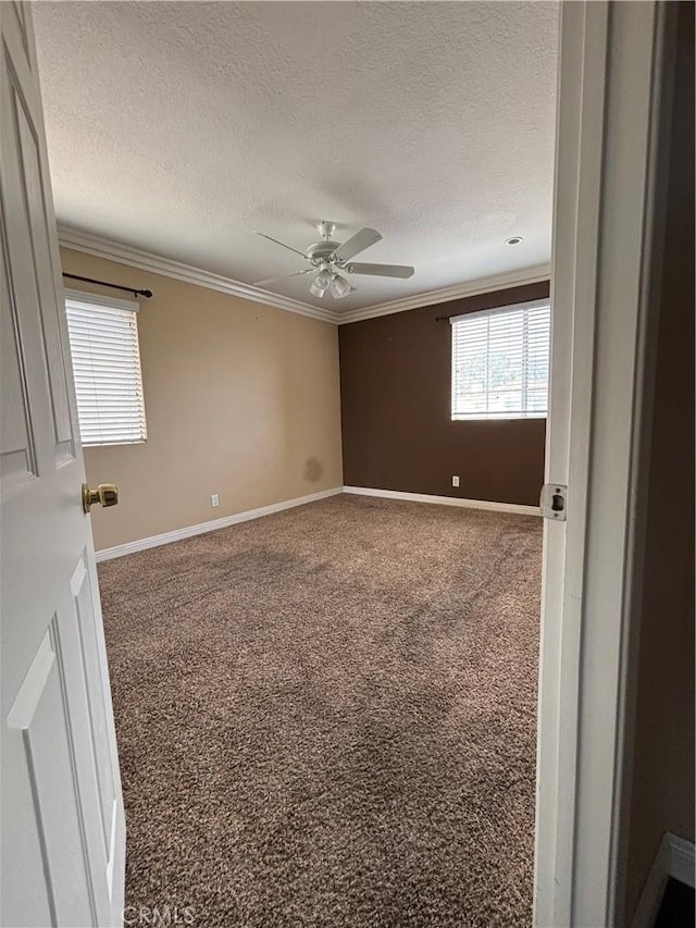 17092 Whispering Brook Way, Riverside, CA 92503 - carpeted spare room with crown molding, a textured ceiling, ceiling fan, and baseboards