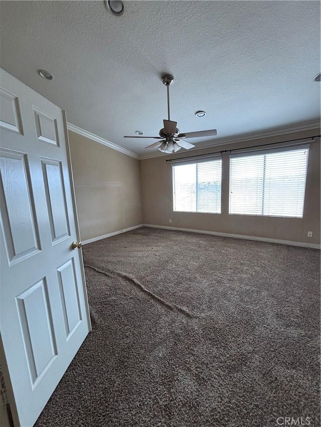 17092 Whispering Brook Way, Riverside, CA 92503 - empty room featuring carpet floors, baseboards, ornamental molding, ceiling fan, and a textured ceiling