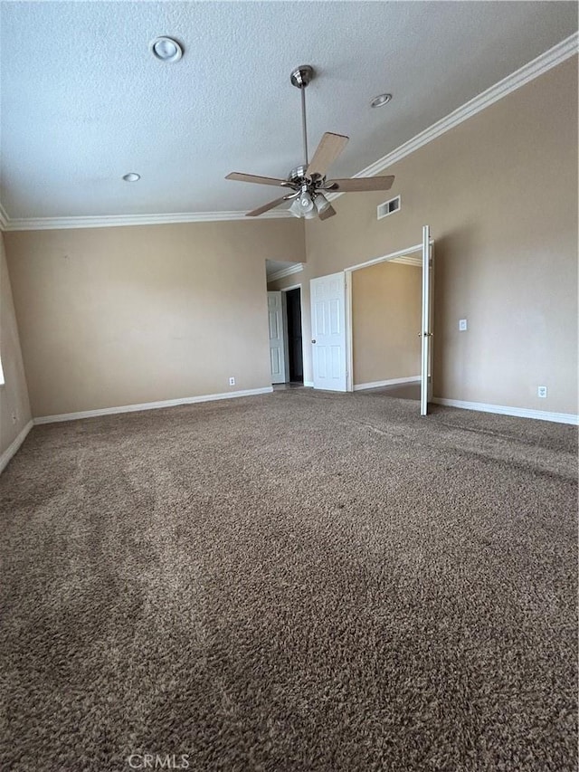 17092 Whispering Brook Way, Riverside, CA 92503 - carpeted empty room with ceiling fan, crown molding, a textured ceiling, and baseboards