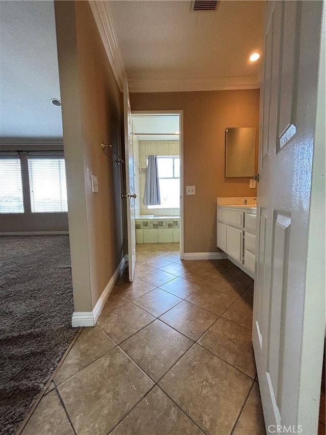 17092 Whispering Brook Way, Riverside, CA 92503 - full bath with ornamental molding, baseboards, tile patterned flooring, vanity, and recessed lighting