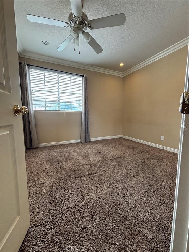 17092 Whispering Brook Way, Riverside, CA 92503 - empty room with ornamental molding, a textured ceiling, a ceiling fan, baseboards, and carpet