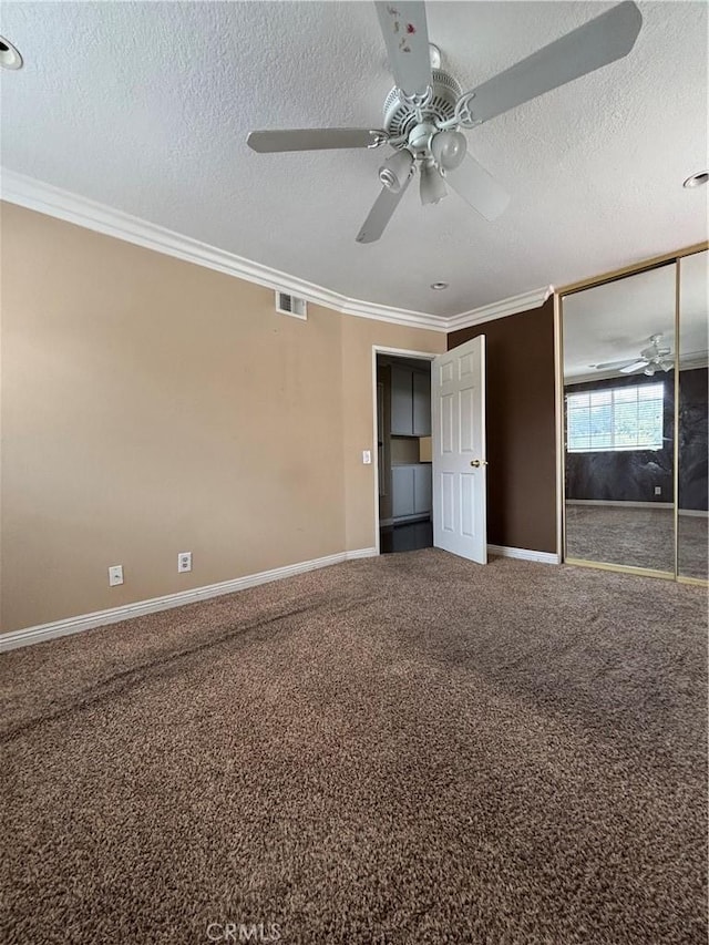 17092 Whispering Brook Way, Riverside, CA 92503 - unfurnished bedroom featuring carpet flooring, ornamental molding, a textured ceiling, baseboards, and ceiling fan