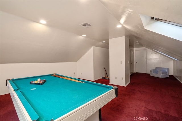 recreation room with carpet flooring, vaulted ceiling, baseboards, recessed lighting, and pool table