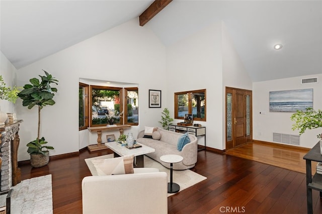 living area with high vaulted ceiling, wood-type flooring, baseboards, and beamed ceiling