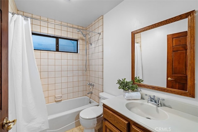 full bath featuring toilet, shower / tub combo, and vanity