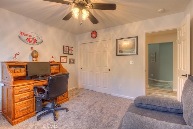 324 Crater Lake Dr, Chico, CA 95973 - carpeted home office with ceiling fan and baseboards