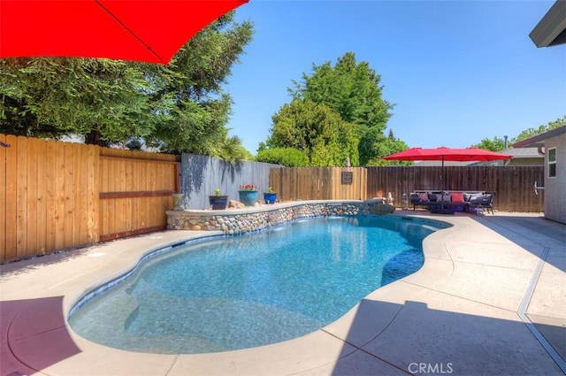 324 Crater Lake Dr, Chico, CA 95973 - view of pool featuring a fenced backyard, a patio area, and an outdoor living space