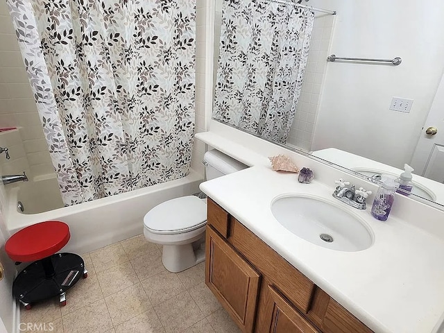 bathroom with shower / tub combo with curtain, toilet, vanity, and tile patterned floors