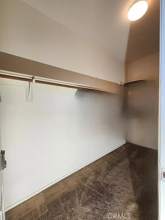 spacious closet featuring dark colored carpet and lofted ceiling