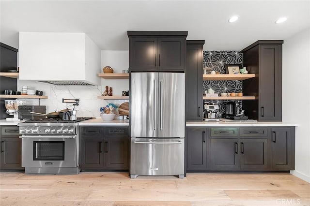 5681 E Colorado St, Long Beach, CA 90814 - kitchen featuring open shelves, stainless steel appliances, light countertops, tasteful backsplash, and recessed lighting