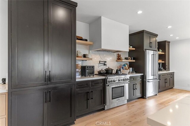 5681 E Colorado St, Long Beach, CA 90814 - kitchen with open shelves, premium appliances, custom exhaust hood, decorative backsplash, and light countertops