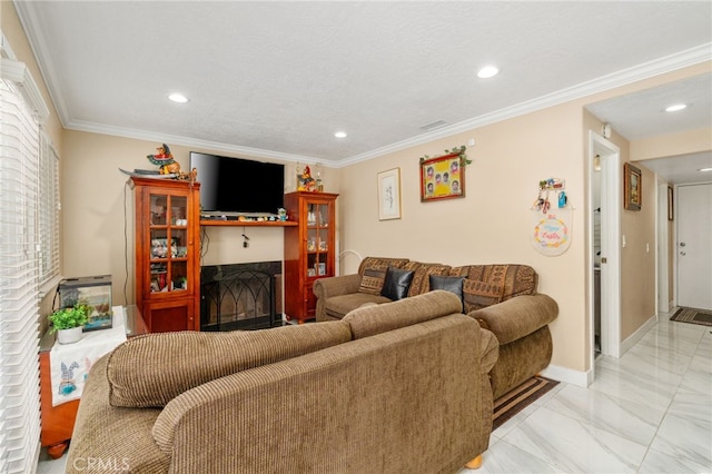 11149 Liverpool Ln, Riverside, CA 92503 - living area with a fireplace, marble finish floors, recessed lighting, baseboards, and ornamental molding