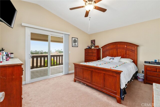 11149 Liverpool Ln, Riverside, CA 92503 - bedroom featuring light colored carpet, lofted ceiling, access to outside, ceiling fan, and baseboards