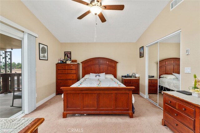 11149 Liverpool Ln, Riverside, CA 92503 - bedroom with vaulted ceiling, access to exterior, light colored carpet, baseboards, and a closet