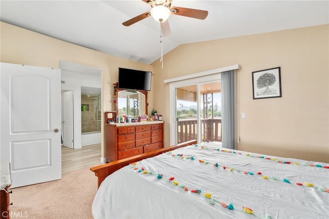 11149 Liverpool Ln, Riverside, CA 92503 - bedroom featuring lofted ceiling, access to outside, a ceiling fan, and light carpet