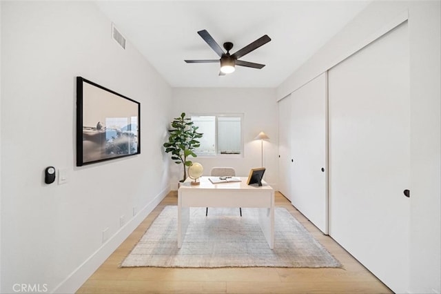 30901 Wellington Cir, Temecula, CA 92591 - home office with a ceiling fan and light wood-style floors