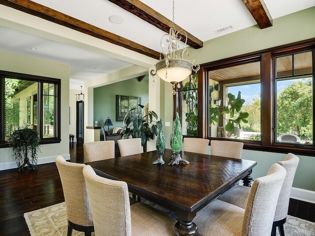 dining space with hardwood / wood-style floors, beam ceiling, baseboards, a chandelier, and recessed lighting