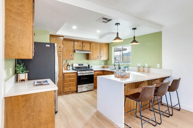 kitchen with appliances with stainless steel finishes, a peninsula, under cabinet range hood, a sink, and a tray ceiling