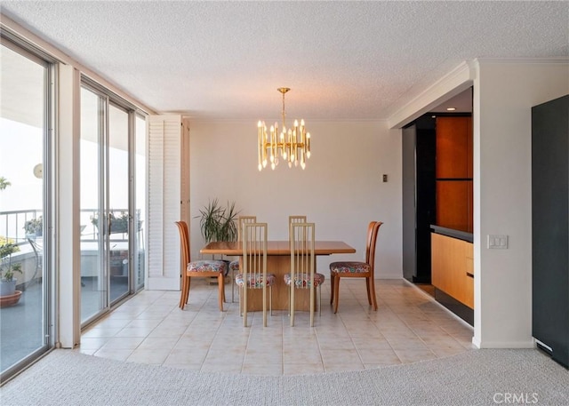32735 Seagate Dr Unit 304-D, Rancho Palos Verdes, CA 90275 - dining area with floor to ceiling windows, a chandelier, a textured ceiling, light tile patterned floors, and ornamental molding