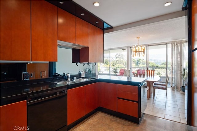 32735 Seagate Dr Unit 304-D, Rancho Palos Verdes, CA 90275 - kitchen featuring dishwasher, a peninsula, a sink, a chandelier, and dark countertops