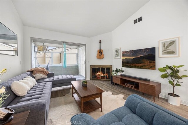 5814 Old Village Rd Unit 216, Yorba Linda, CA 92887 - living area featuring wood finished floors and a glass covered fireplace