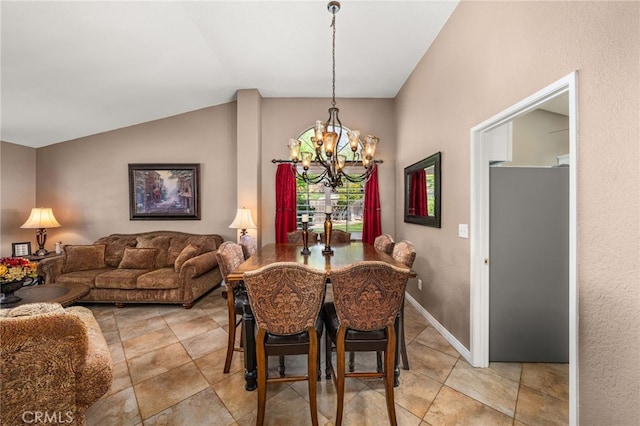 35189 Ravencrest Ct, Yucaipa, CA 92399 - dining space featuring a chandelier, lofted ceiling, and light tile patterned flooring