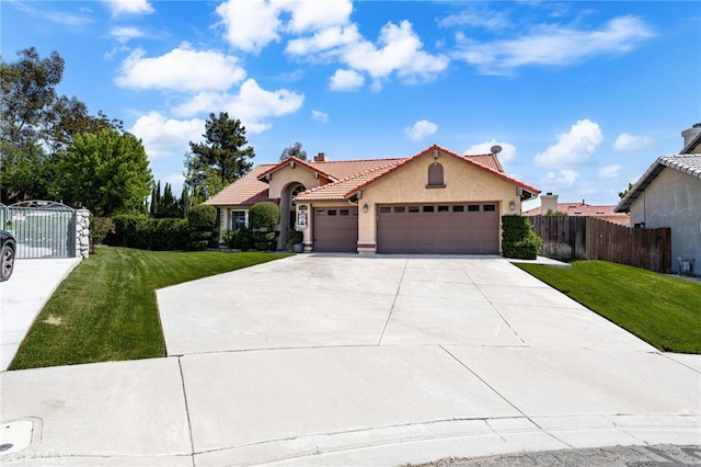 35189 Ravencrest Ct, Yucaipa, CA 92399 - mediterranean / spanish-style home featuring a tile roof, an attached garage, concrete driveway, stucco siding, and a chimney