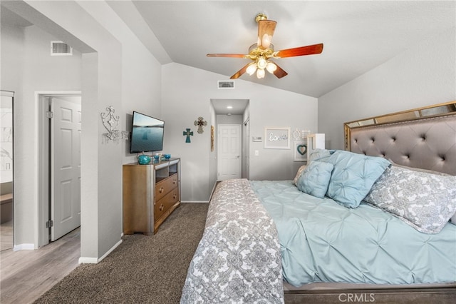 35189 Ravencrest Ct, Yucaipa, CA 92399 - bedroom with vaulted ceiling, baseboards, carpet floors, and ceiling fan